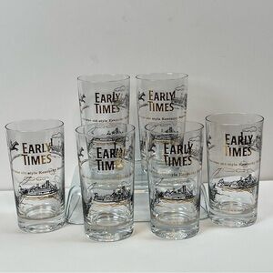 Vintage Early Times Louisville Kentucky Glasses Set 6; steamboat, horse/carriage